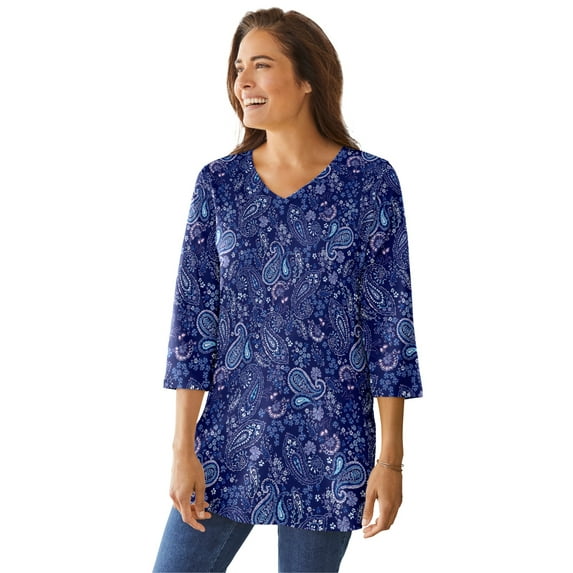 Woman Within Plus Size Perfect Printed Three-Quarter-Sleeve V-Neck Tunic