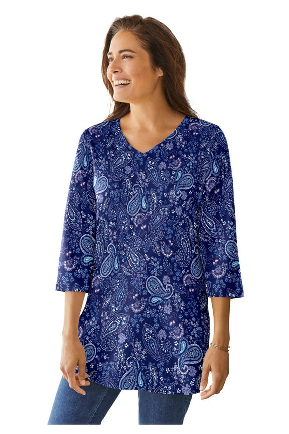 Plus Size Perfect Printed Three-Quarter-Sleeve V-Neck Tunic