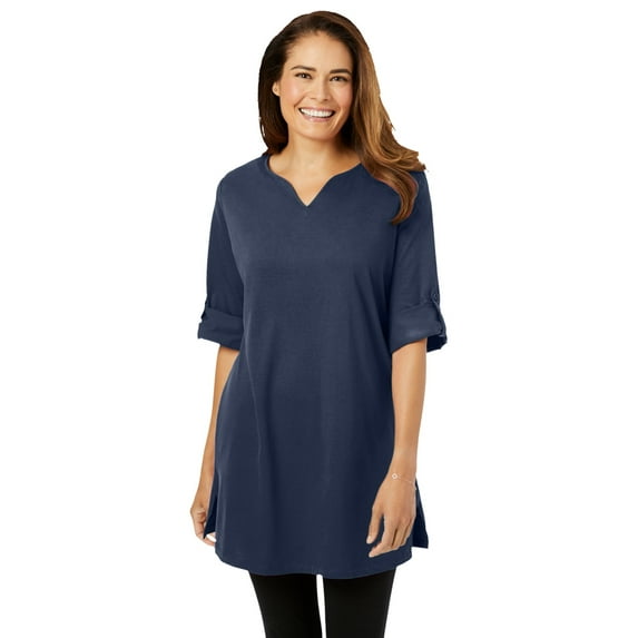 Woman Within Plus Size Perfect Roll-Tab-Sleeve Notch-Neck Tunic