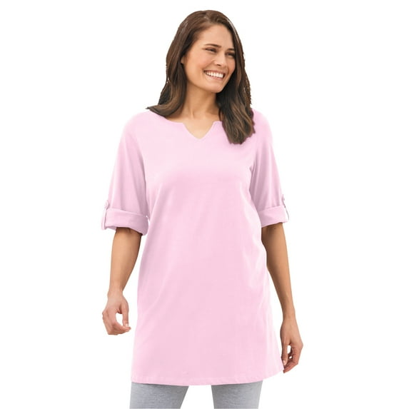 Woman Within Plus Size Perfect Roll-Tab-Sleeve Notch-Neck Tunic