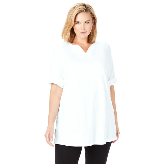Woman Within Plus Size Perfect Roll-Tab-Sleeve Notch-Neck Tunic