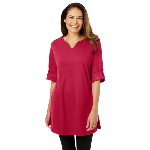 Woman Within Plus Size Perfect Roll-Tab-Sleeve Notch-Neck Tunic