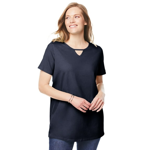 Woman Within Plus Size Perfect Short-Sleeve Keyhole Tee