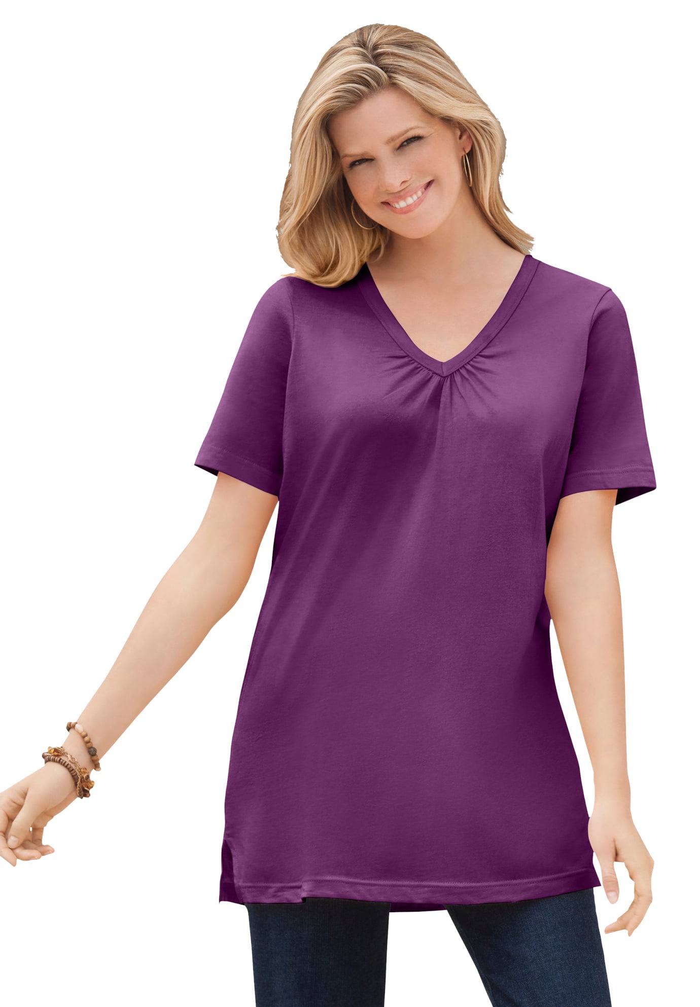 Woman Within Women's Plus Size Perfect Short-Sleeve Shirred V-Neck ...