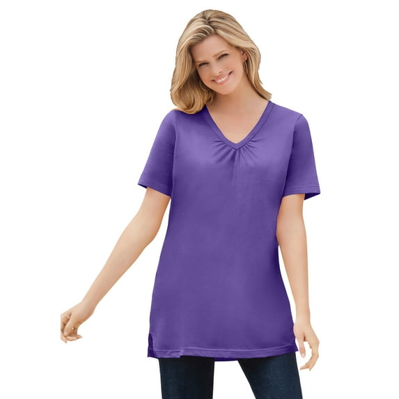 Woman Within Plus Size Perfect Short-Sleeve Shirred V-Neck Tunic
