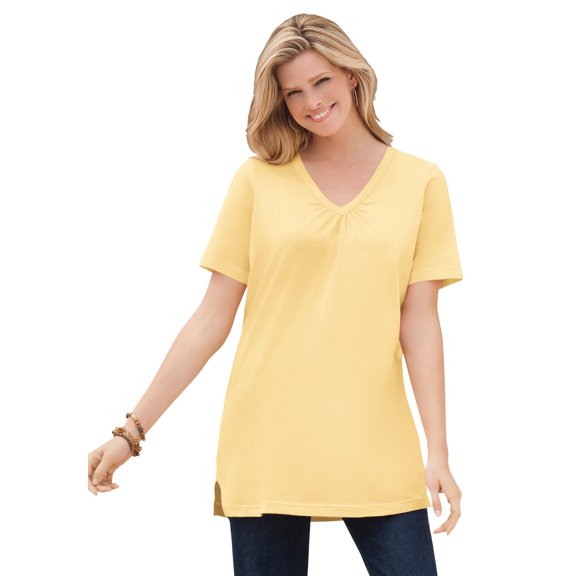 Woman Within Plus Size Perfect Short-Sleeve Shirred V-Neck Tunic
