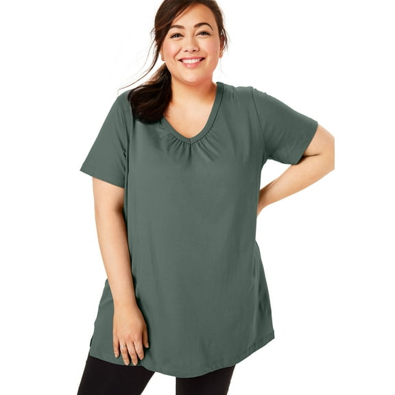 Woman Within Plus Size Perfect Short-Sleeve Shirred V-Neck Tunic