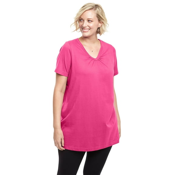 Woman Within Plus Size Perfect Short-Sleeve Shirred V-Neck Tunic