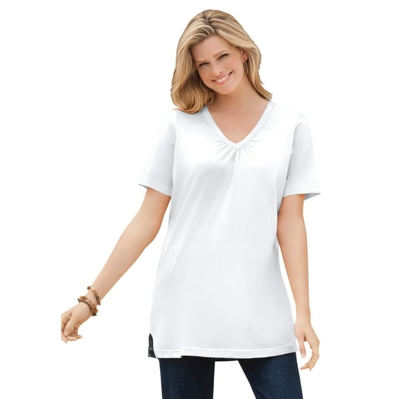 Woman Within Plus Size Perfect Short-Sleeve Shirred V-Neck Tunic
