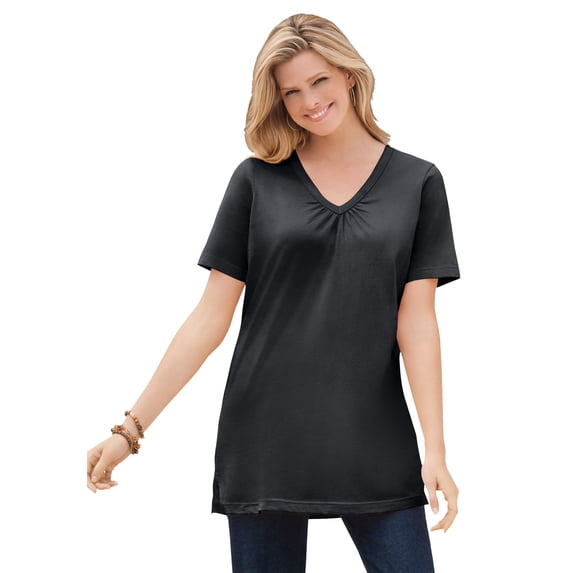 Woman Within Plus Size Perfect Short-Sleeve Shirred V-Neck Tunic