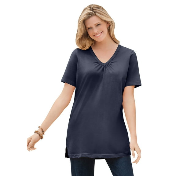 Woman Within Plus Size Perfect Short-Sleeve Shirred V-Neck Tunic