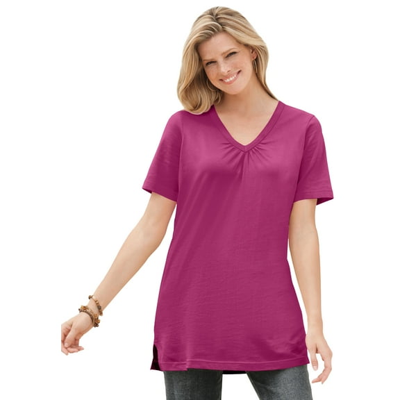 Woman Within Plus Size Perfect Short-Sleeve Shirred V-Neck Tunic