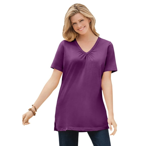 Woman Within Plus Size Perfect Short-Sleeve Shirred V-Neck Tunic