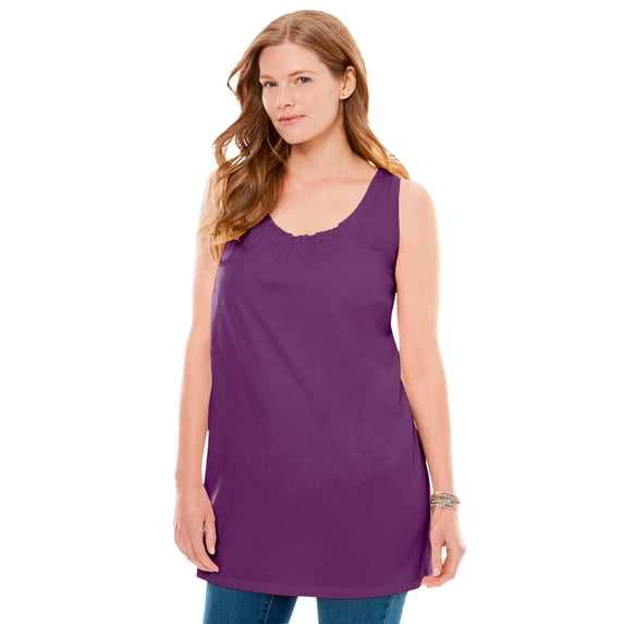 Woman Within Plus Size Perfect Sleeveless Shirred U-Neck Tunic