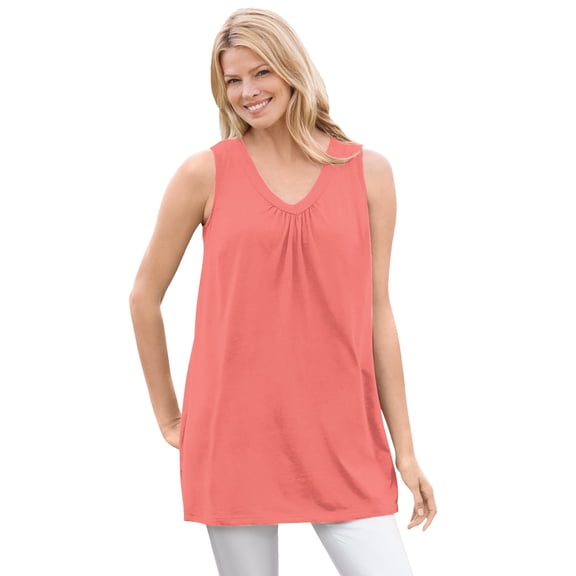 Woman Within Plus Size Perfect Sleeveless Shirred V-Neck Tunic