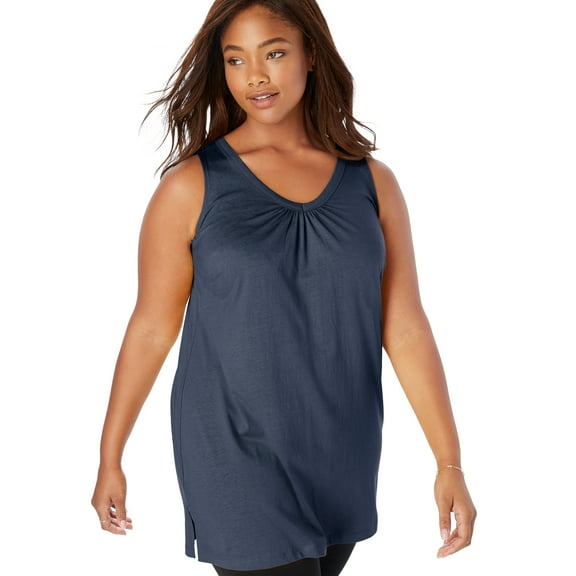 Woman Within Plus Size Perfect Sleeveless Shirred V-Neck Tunic