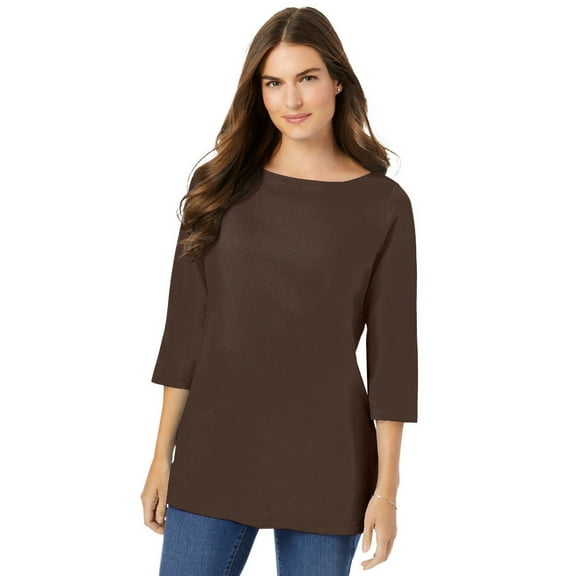 Woman Within Plus Size Perfect Three-Quarter Sleeve Boatneck Tee