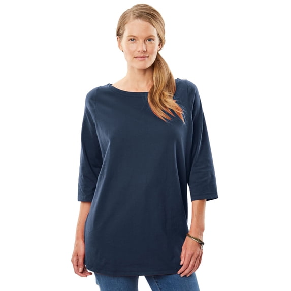 Woman Within Plus Size Perfect Three-Quarter Sleeve Boatneck Tee