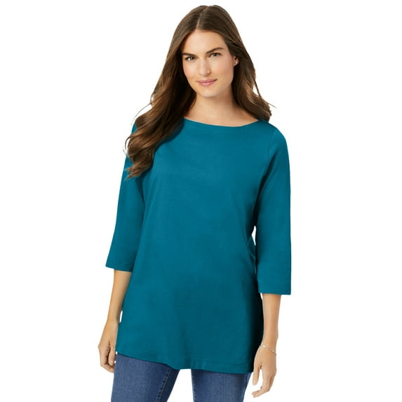 Woman Within Plus Size Perfect Three-Quarter Sleeve Boatneck Tee