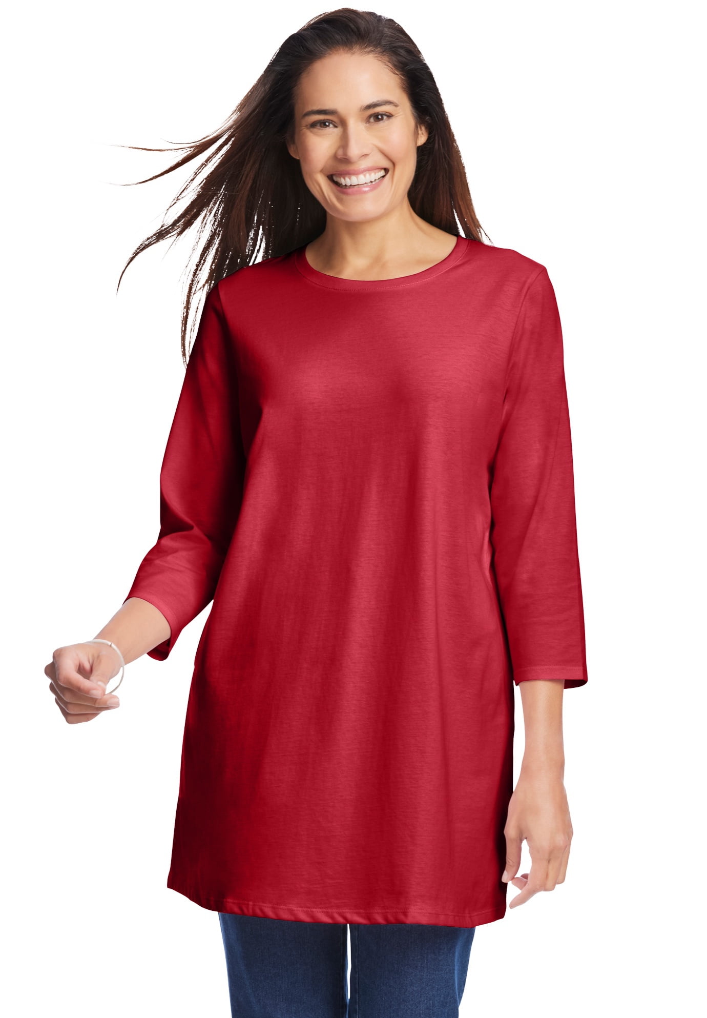 Woman Within Women's Plus Size Perfect Three-Quarter Sleeve Crewneck Tunic - 18/20, Classic Red