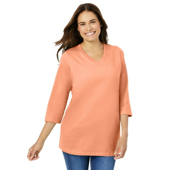 Woman Within Plus Size Perfect Three-Quarter Sleeve V-Neck Tee (Petite Available)