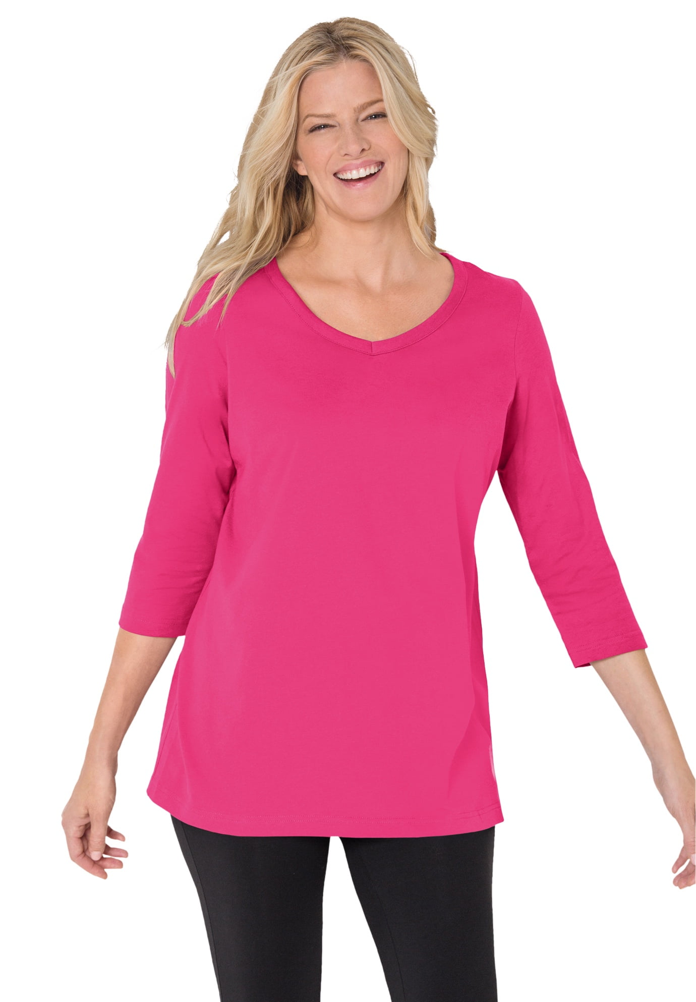 Woman Within Plus Size Perfect ThreeQuarter Sleeve VNeck Tee (Petite
