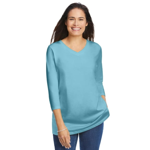 Woman Within Plus Size Perfect Three-Quarter Sleeve V-Neck Tee (Petite Available)