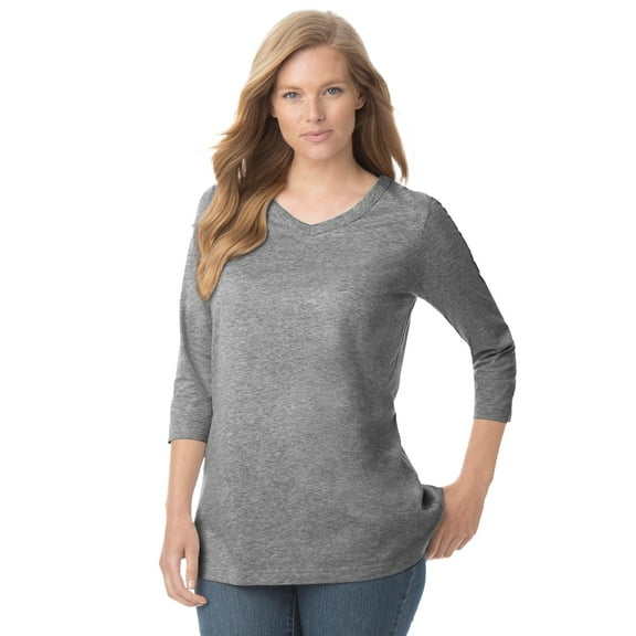 Woman Within Plus Size Perfect Three-Quarter Sleeve V-Neck Tee (Petite Available)