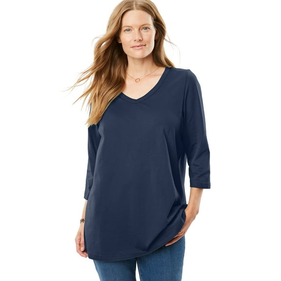Woman Within Plus Size Perfect Three-Quarter Sleeve V-Neck Tee (Petite Available)