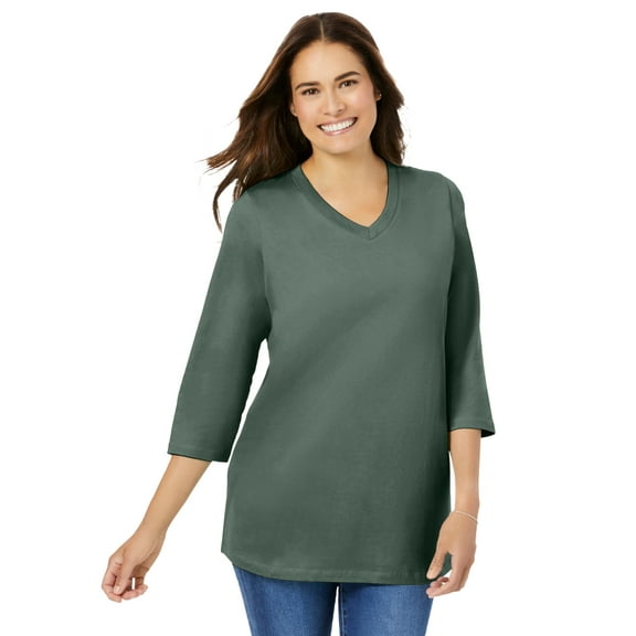Woman Within Plus Size Perfect Three-Quarter Sleeve V-Neck Tee (Petite Available)