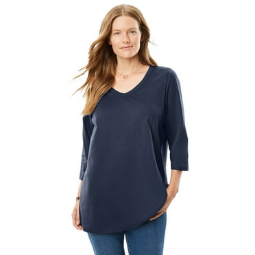 Woman Within Plus Size Perfect Three-Quarter Sleeve V-Neck Tee (Petite Available)