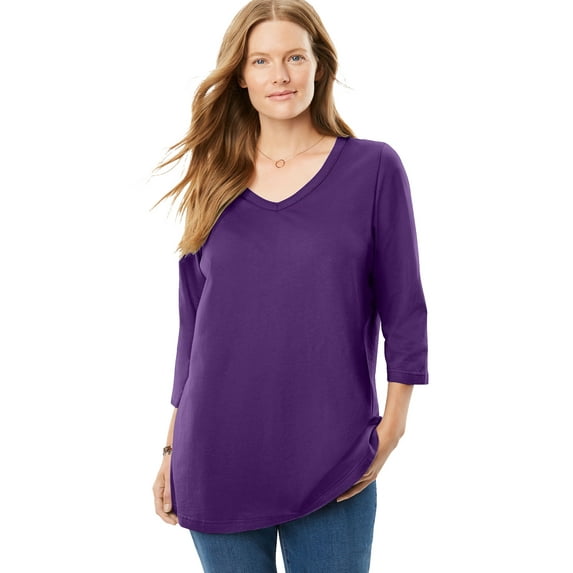Woman Within Plus Size Perfect Three-Quarter Sleeve V-Neck Tee (Petite Available)
