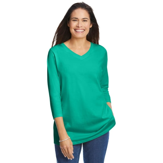 Woman Within Plus Size Perfect Three-Quarter Sleeve V-Neck Tee (Petite Available)