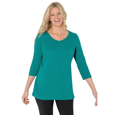 Woman Within Plus Size Perfect Three-Quarter Sleeve V-Neck Tee (Petite Available)