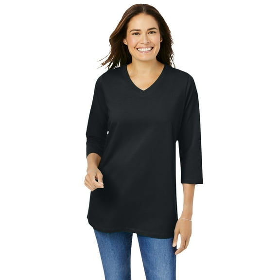 Woman Within Plus Size Perfect Three-Quarter Sleeve V-Neck Tee (Petite Available)