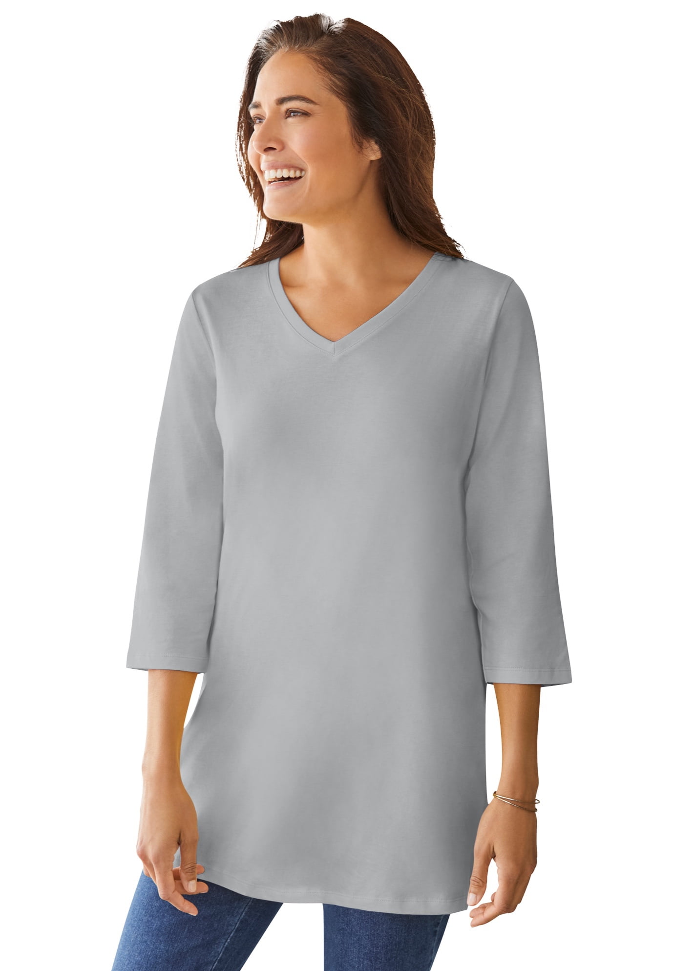 Woman Within Women's Plus Size Perfect Three-Quarter Sleeve V-Neck Tunic