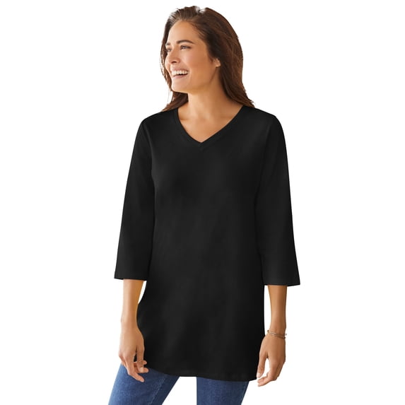 Woman Within Plus Size Perfect Three-Quarter Sleeve V-Neck Tunic