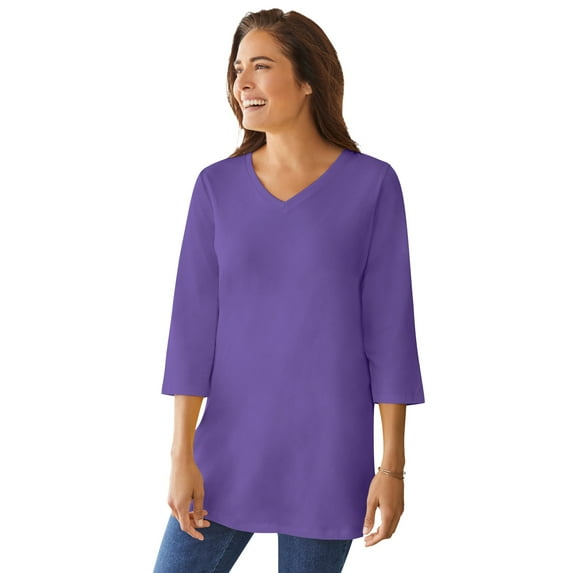 Woman Within Plus Size Perfect Three-Quarter Sleeve V-Neck Tunic
