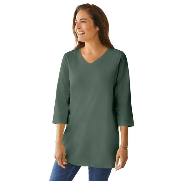 Woman Within Plus Size Perfect Three-Quarter Sleeve V-Neck Tunic