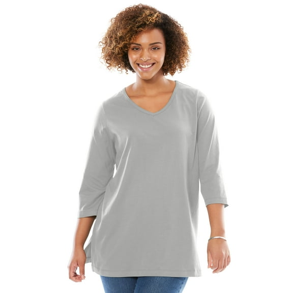 Woman Within Plus Size Perfect Three-Quarter Sleeve V-Neck Tunic