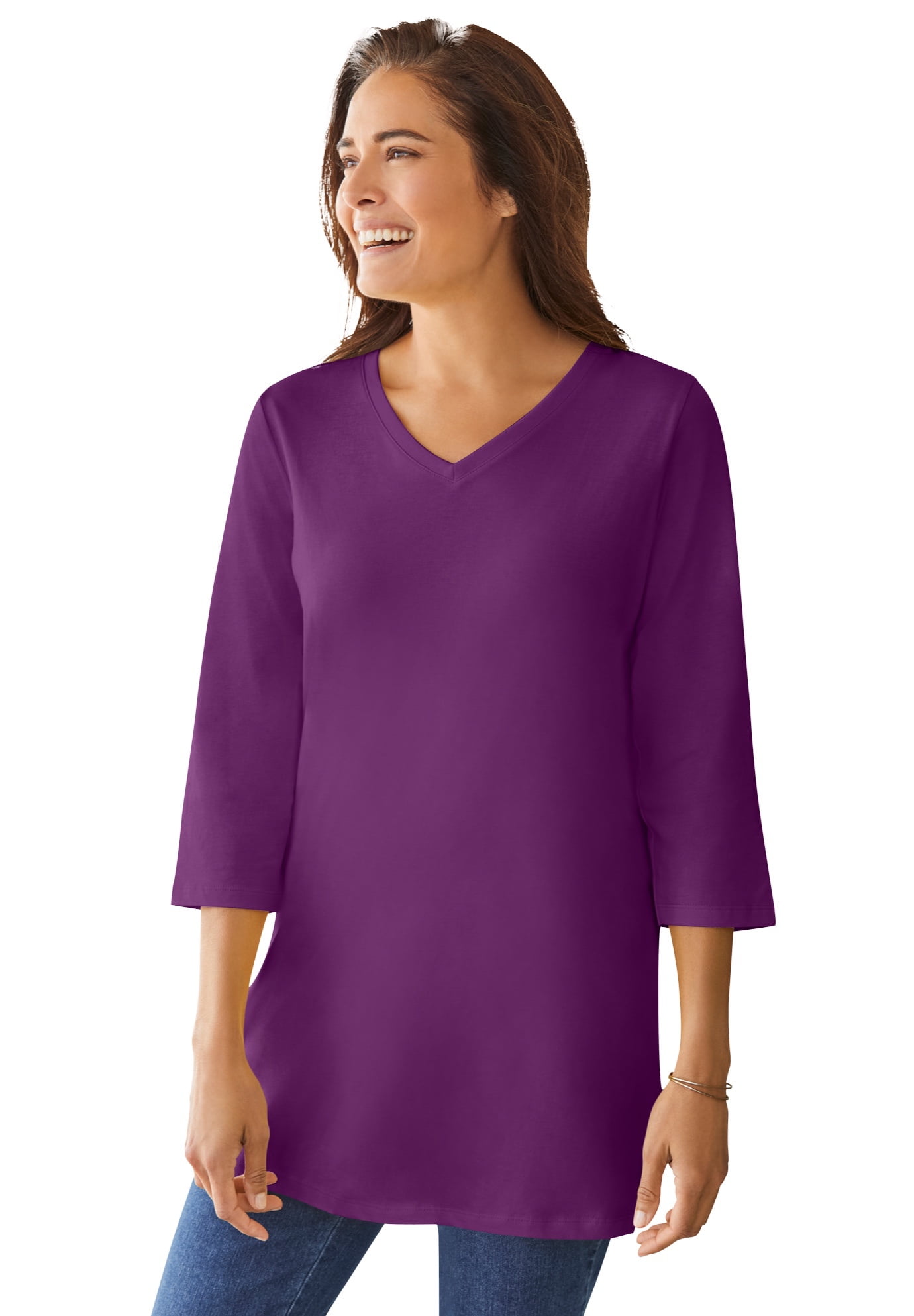 Woman Within Plus Size Perfect Three-Quarter Sleeve V-Neck Tunic