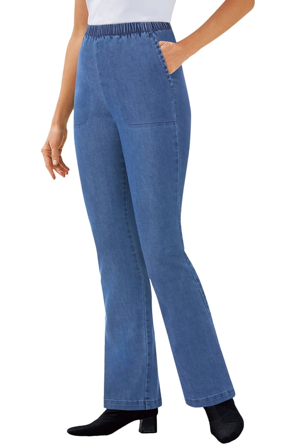 Plus Size Petite Fineline Stretch Denim Pull-On Bootcut Jeans