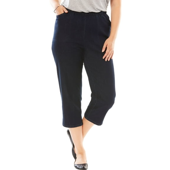 Woman Within Plus Size Capri Elastic Waist Stretch Fineline Denim Jean (Petite Available)