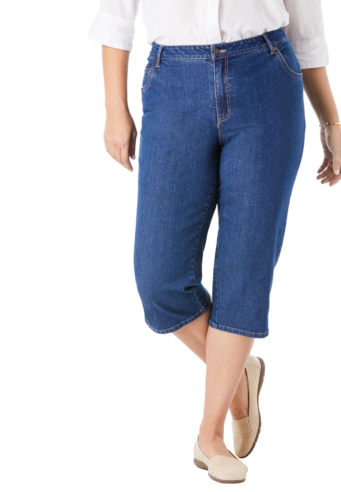 Woman Within Plus Size Petite Stretch Denim Five-Pocket Capri