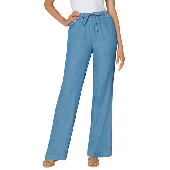 Woman Within Plus Size Petite Wide-Leg Drawstring Denim Pants