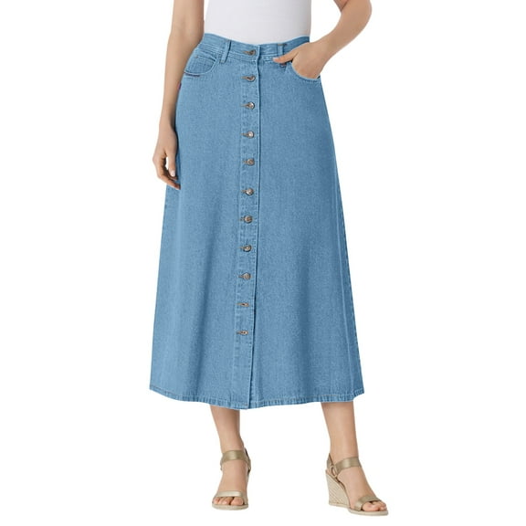 Woman Within Plus Size Petite Perfect Side-Elastic All-Cotton Button Front Denim Jeans Skirt
