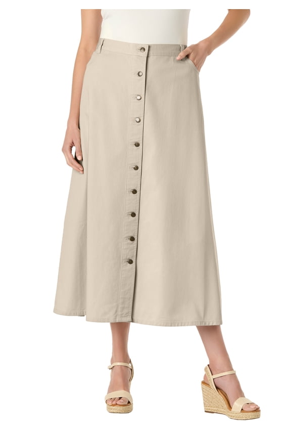 Plus Size Petite Perfect Side-Elastic All-Cotton Button Front Denim Jeans Skirt