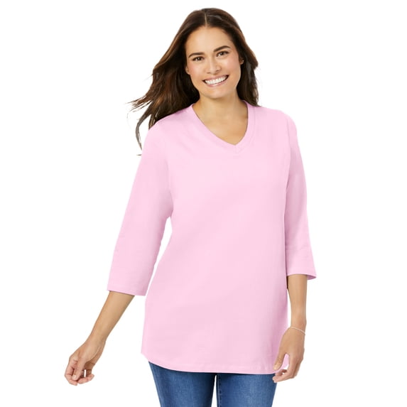 Woman Within Plus Size Perfect Three-Quarter Sleeve V-Neck Tee (Petite Available)