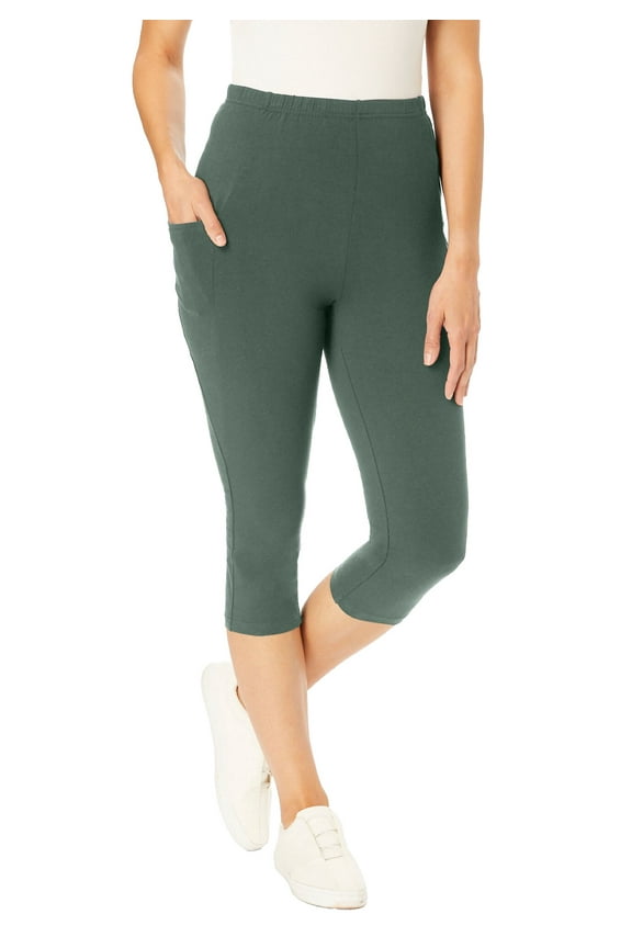 Plus Size Petite Stretch-Cotton Knit Pull-On Pocket Capri Leggings