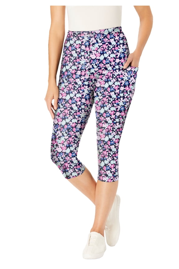 Plus Size Petite Stretch-Cotton Knit Pull-On Printed Pocket Capri Leggings